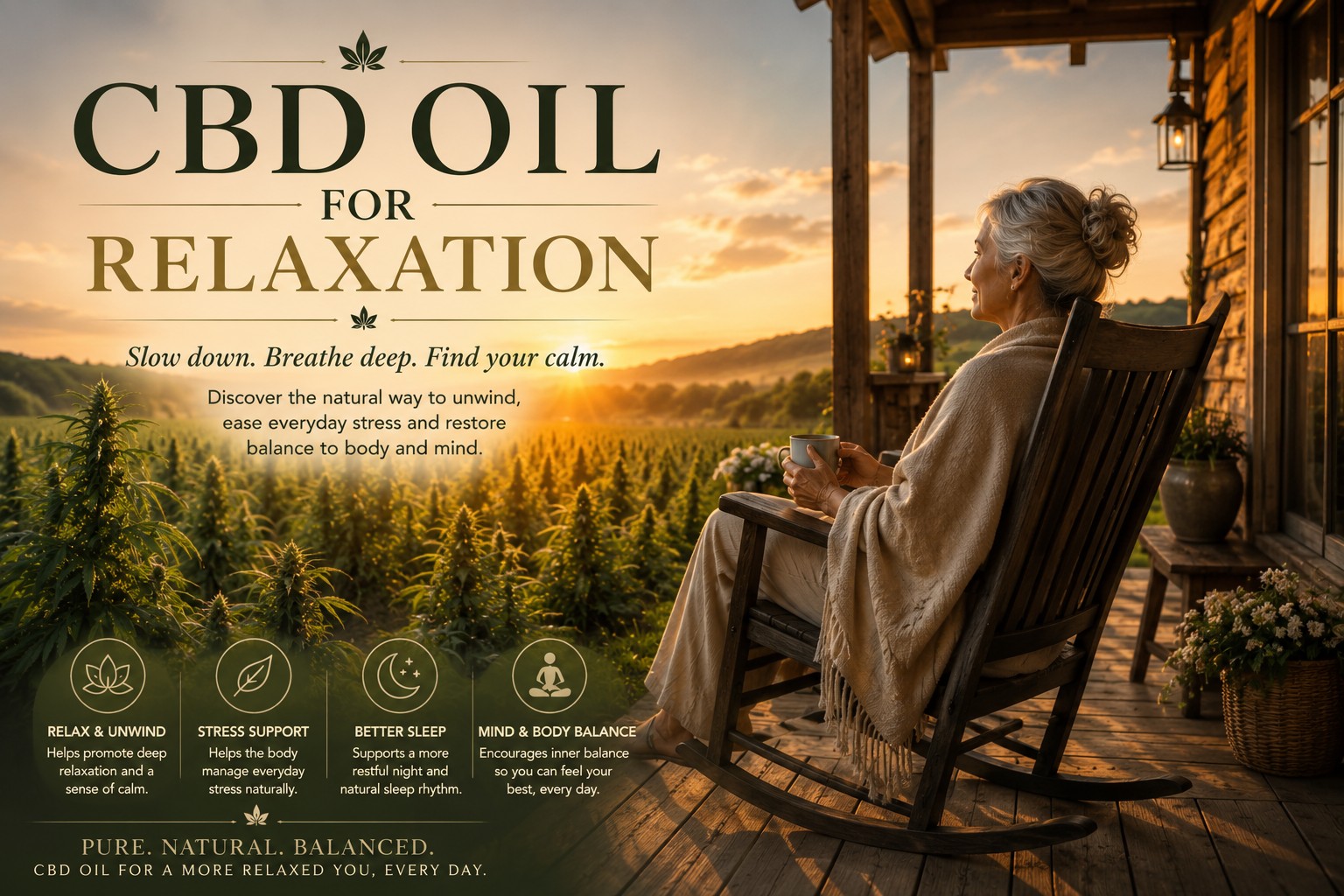 Older woman relaxing in a rocking chair on a wooden porch at sunset, overlooking a peaceful hemp field, illustrating CBD oil for relaxation and everyday calm.