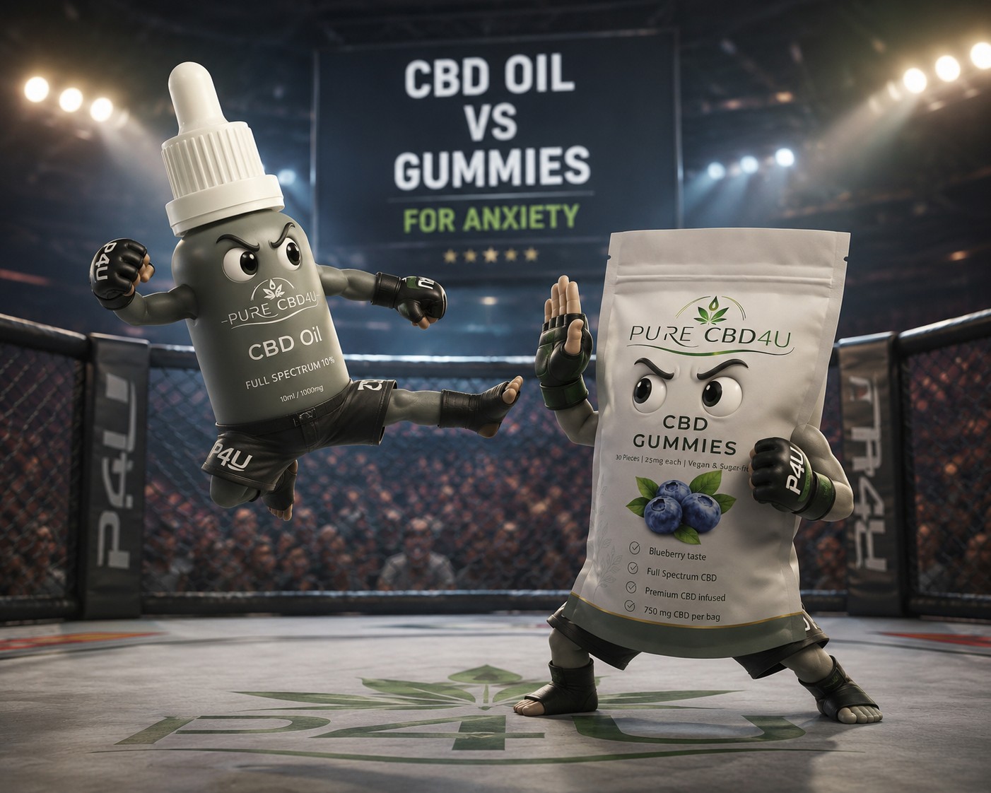 Cartoon MMA fight between a CBD oil bottle and CBD gummies pouch representing CBD Oil vs Gummies for Anxiety