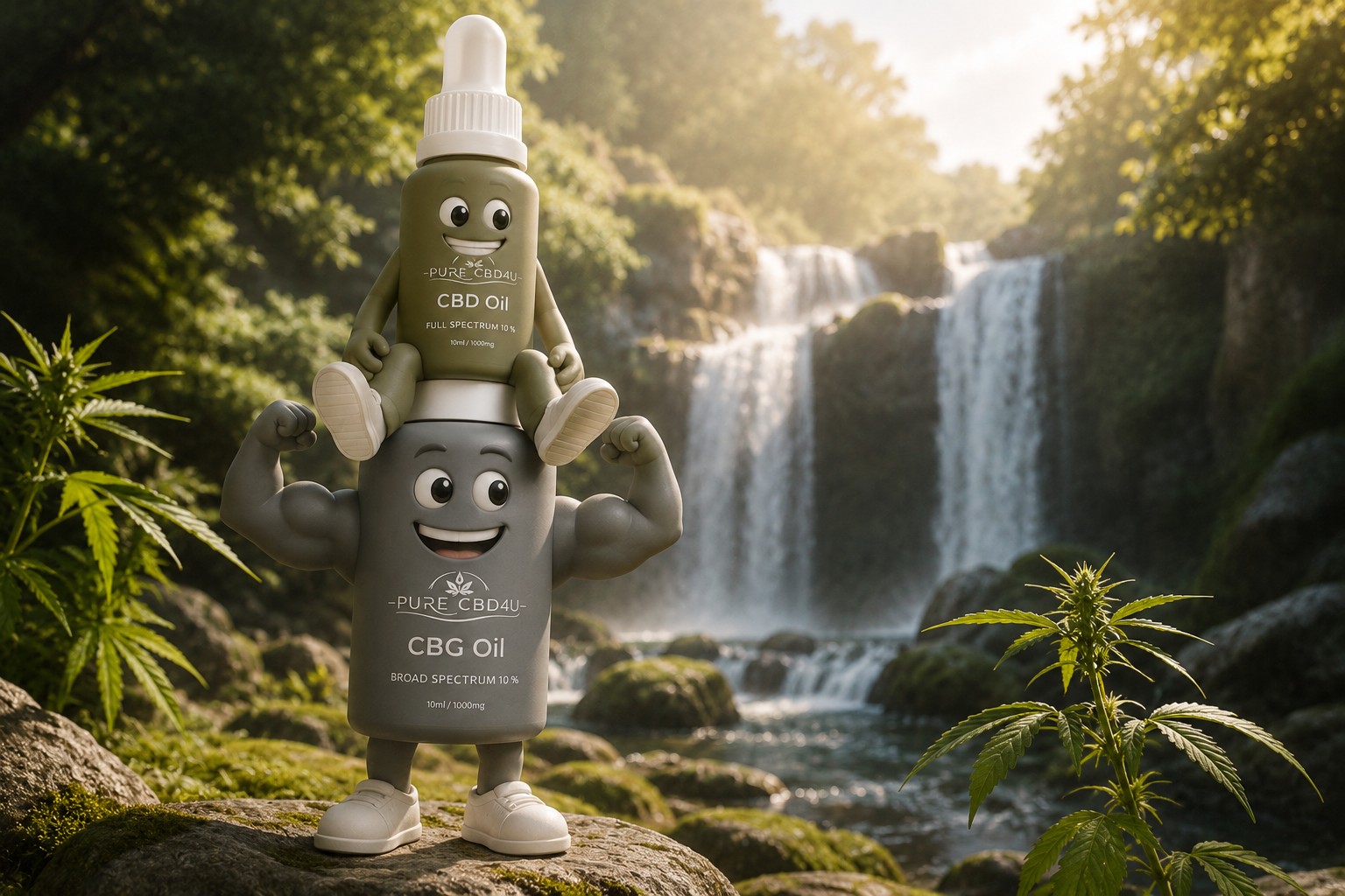 Friendly CBD and CBG oil bottle characters in nature illustrating the difference between Full Spectrum CBD and Broad Spectrum CBG with a waterfall and hemp plants.