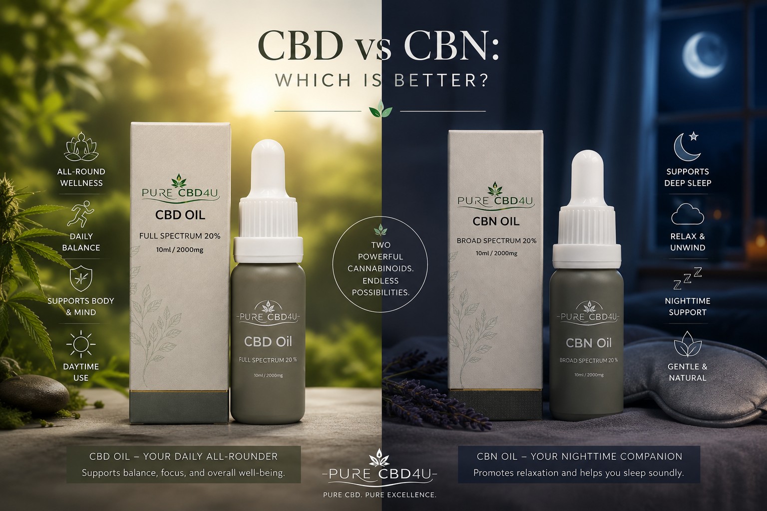 Comparison of Full Spectrum CBD Oil and Broad Spectrum CBN Oil showing CBD for daily wellness and CBN for better sleep.