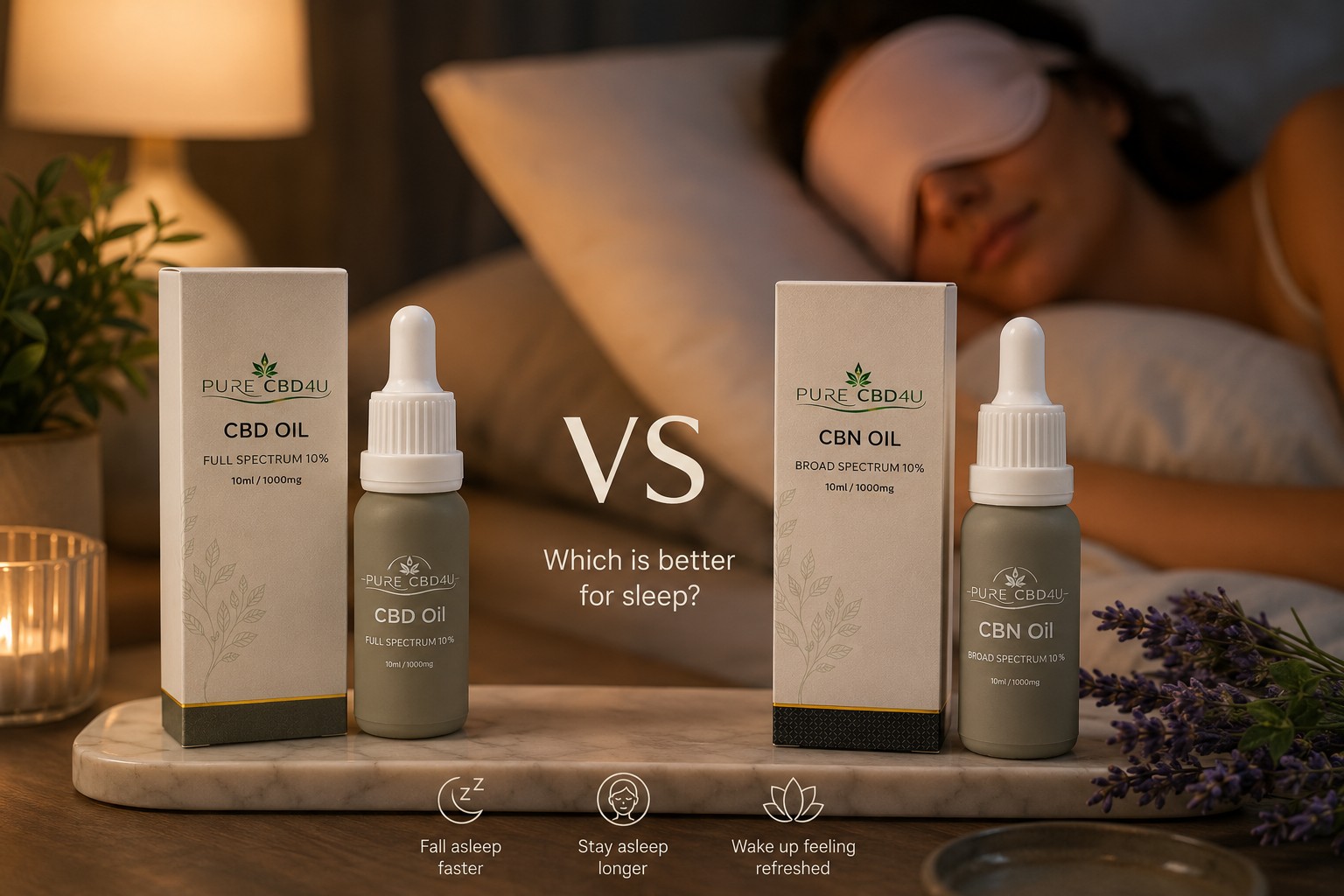 Pure CBD4U CBN Oil vs CBD Oil for Sleep comparison with premium products in a relaxing bedroom setting