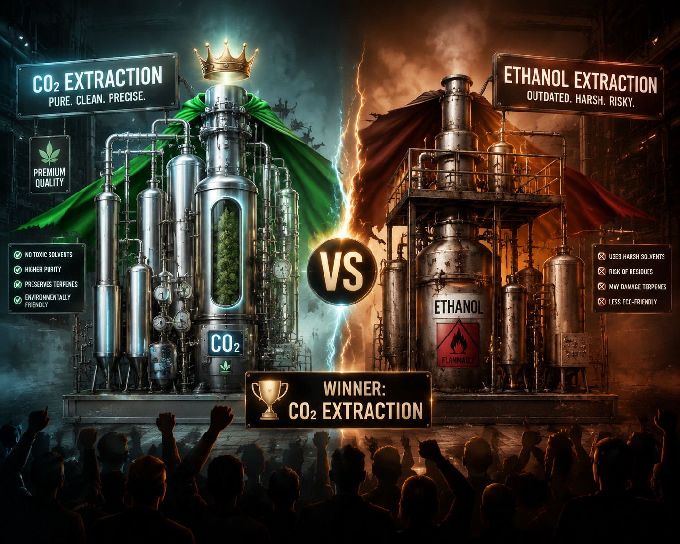 Illustration comparing CO2 extraction and ethanol extraction systems, highlighting the differences between the two CBD extraction methods in a creative versus concept.
