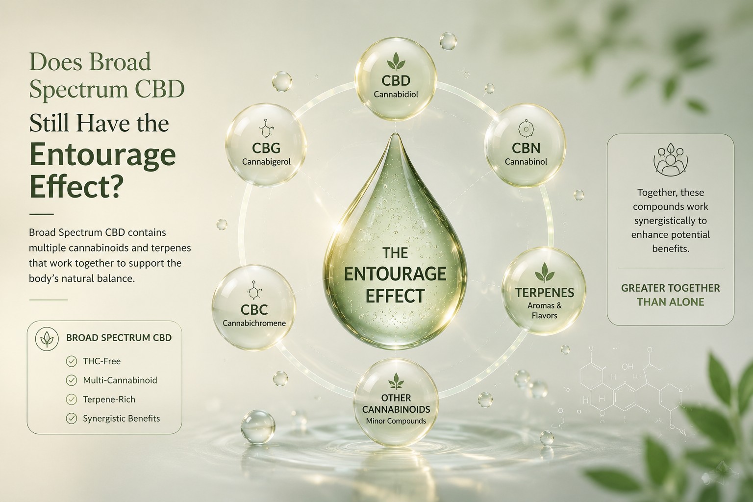 Premium scientific illustration showing multiple cannabinoids and terpenes working together around a central CBD droplet, representing the entourage effect in Broad Spectrum CBD.