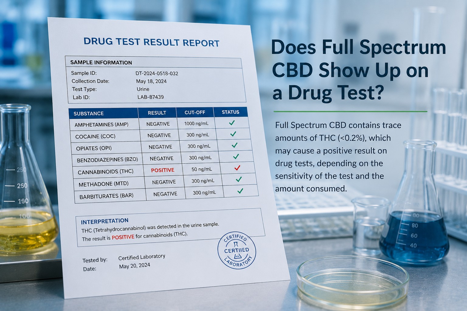 Laboratory drug test report showing a positive THC result beside scientific glassware, illustrating how Full Spectrum CBD containing trace amounts of THC may influence drug test outcomes.