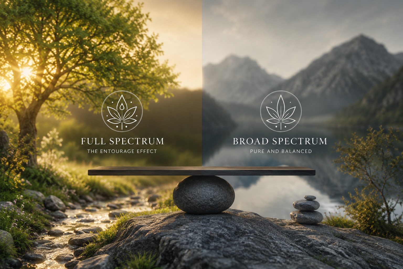 Premium illustration comparing Full Spectrum and Broad Spectrum CBD in a peaceful natural landscape for anxiety support