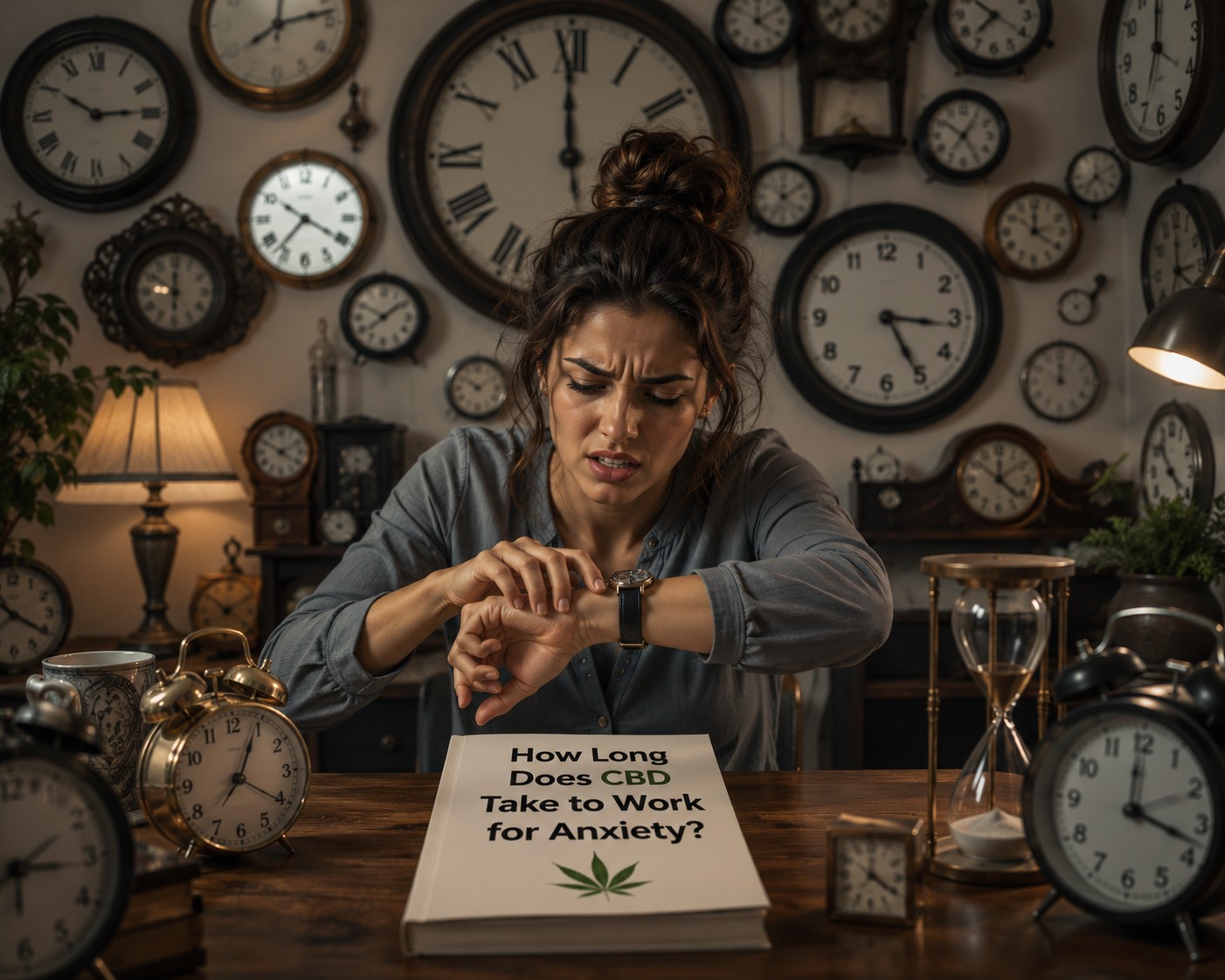 Impatient woman checking her watch in a room filled with clocks while waiting for CBD to work for anxiety