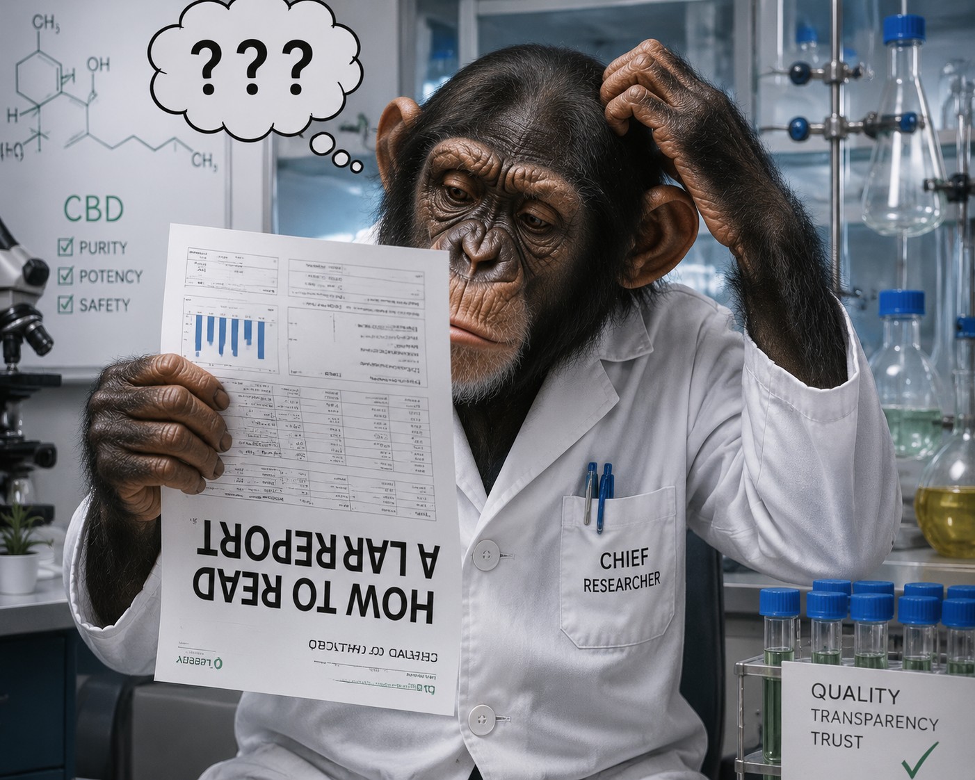 Humorous illustration of a chimpanzee in a laboratory coat holding a CBD lab report upside down while scratching its head in confusion inside a laboratory.