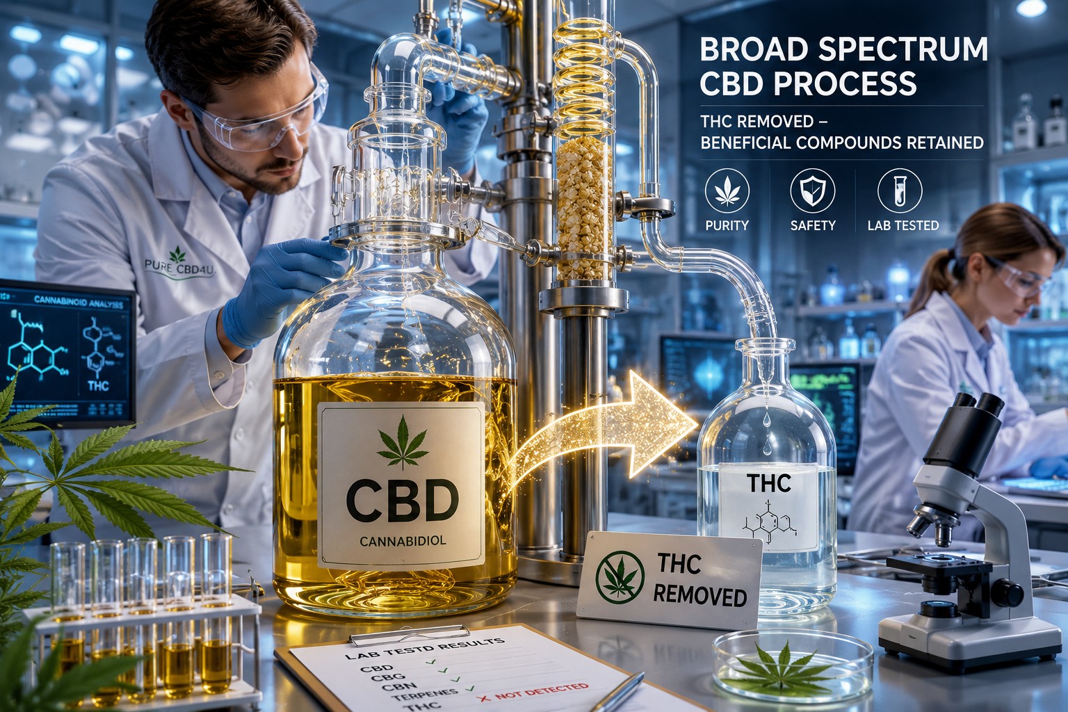 Scientists in a modern laboratory removing THC from a large glass container labeled CBD, illustrating the production process of Broad Spectrum CBD while preserving beneficial hemp compounds.