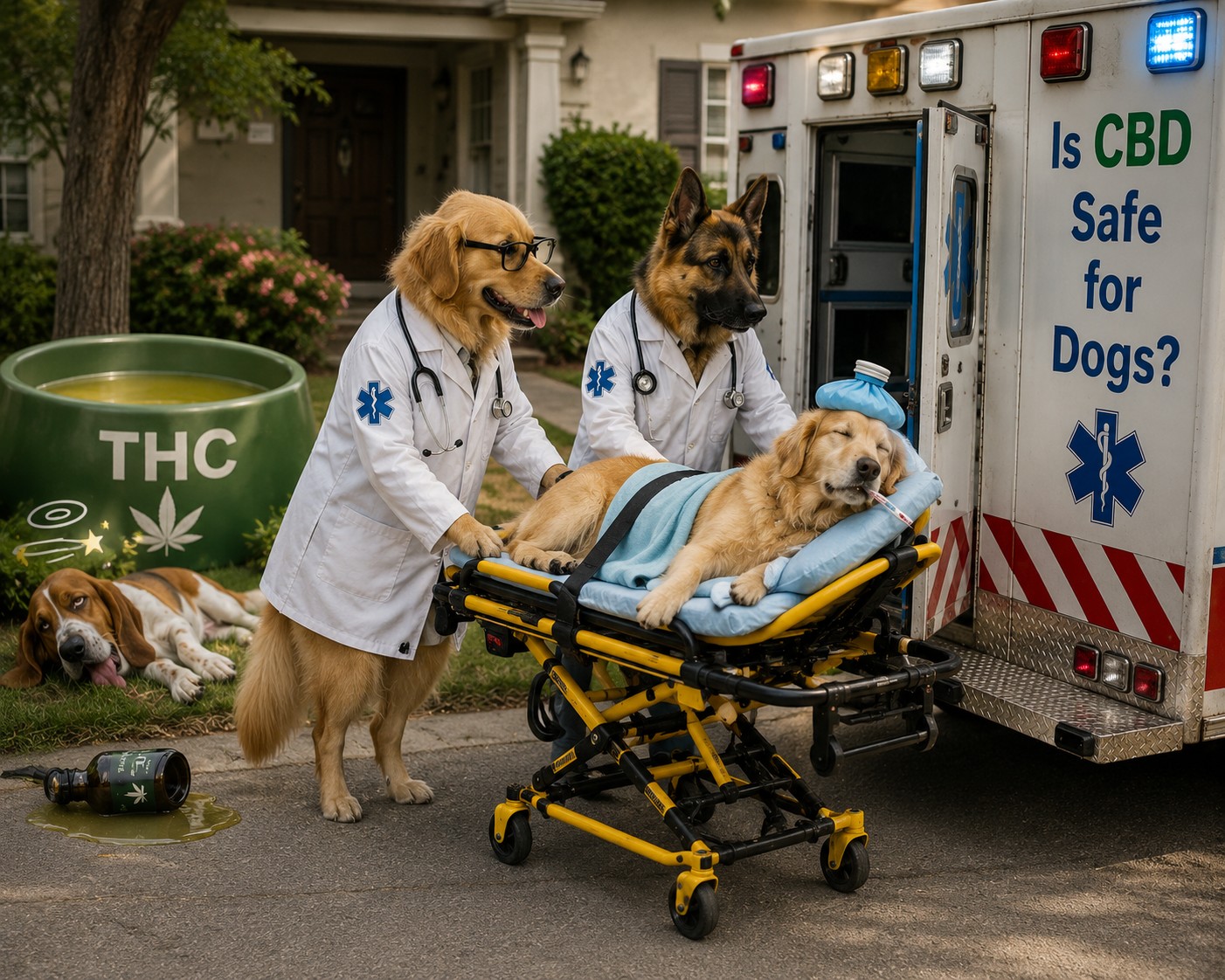 Funny illustration of two dog paramedics rescuing a sick dog after it drank from a bowl labelled THC, highlighting the importance of using pet-safe CBD products.