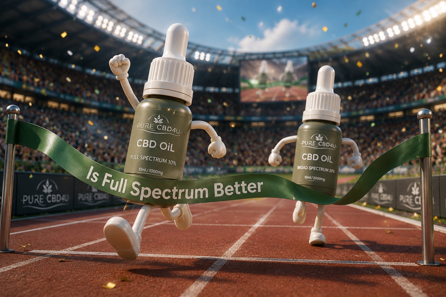 Cartoon-style race inside a stadium where a Full Spectrum CBD bottle crosses the finish line just ahead of a Broad Spectrum CBD bottle, illustrating the comparison between the two CBD extract types.