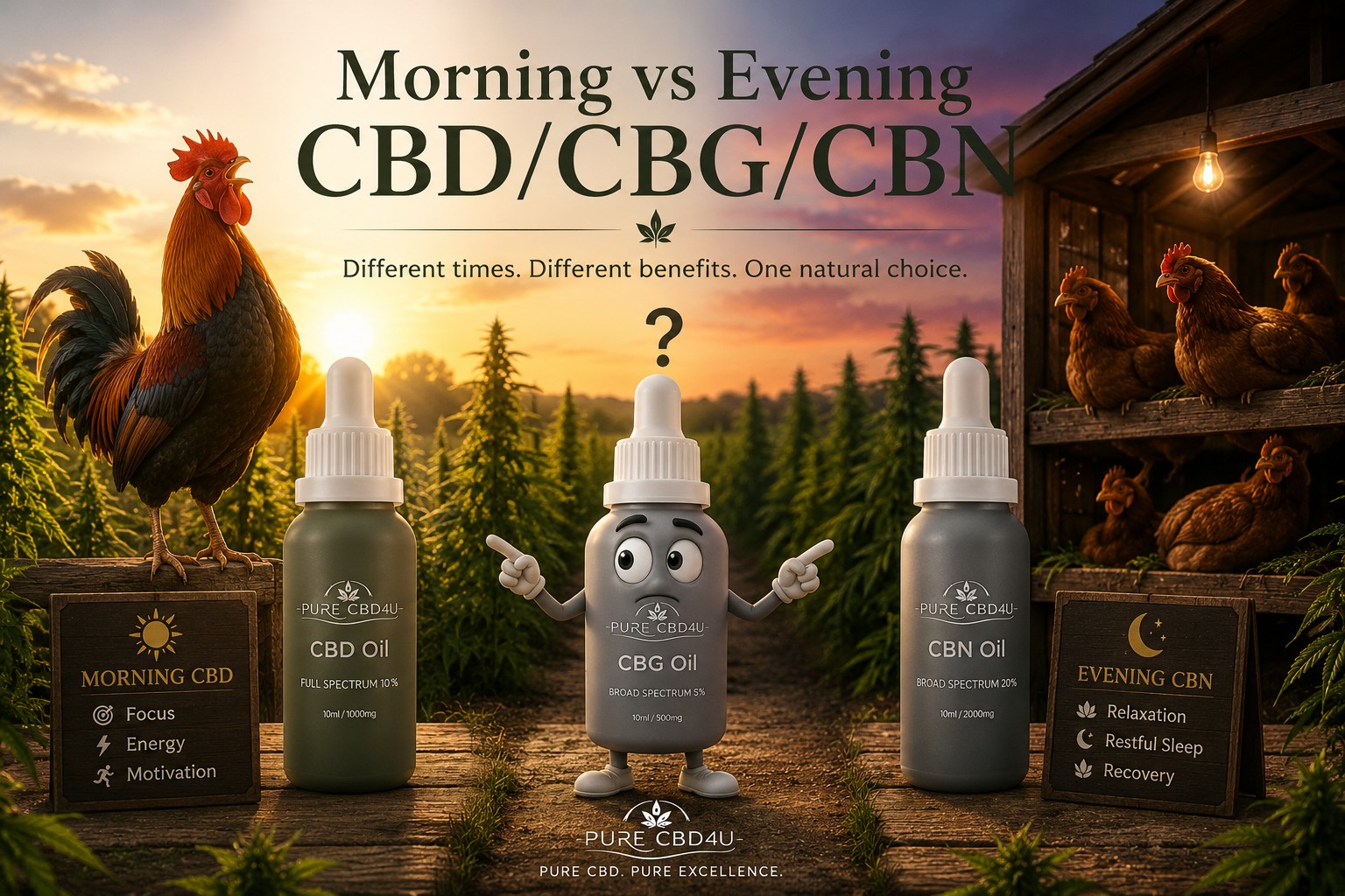 Illustration comparing morning CBD, daytime CBG, and evening CBN on a hemp farm with a rooster, chickens, and three CBD oil bottles representing different times of day.