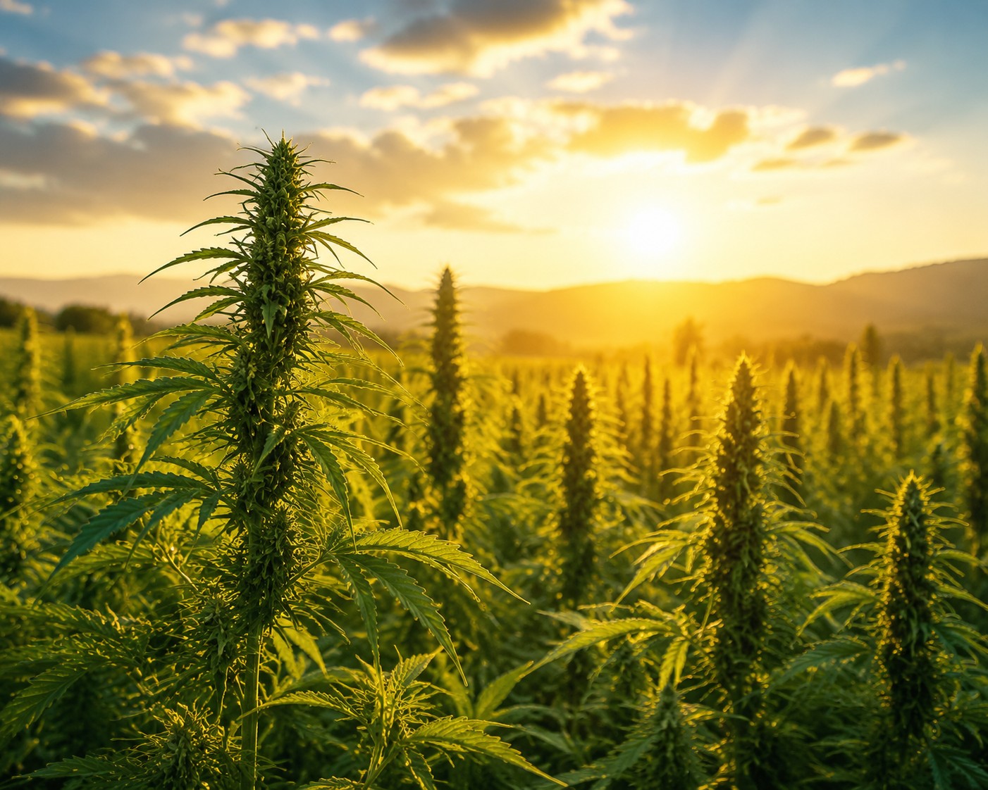 Sunlit organic hemp fields growing under natural conditions, representing sustainable cultivation and high-quality CBD production.