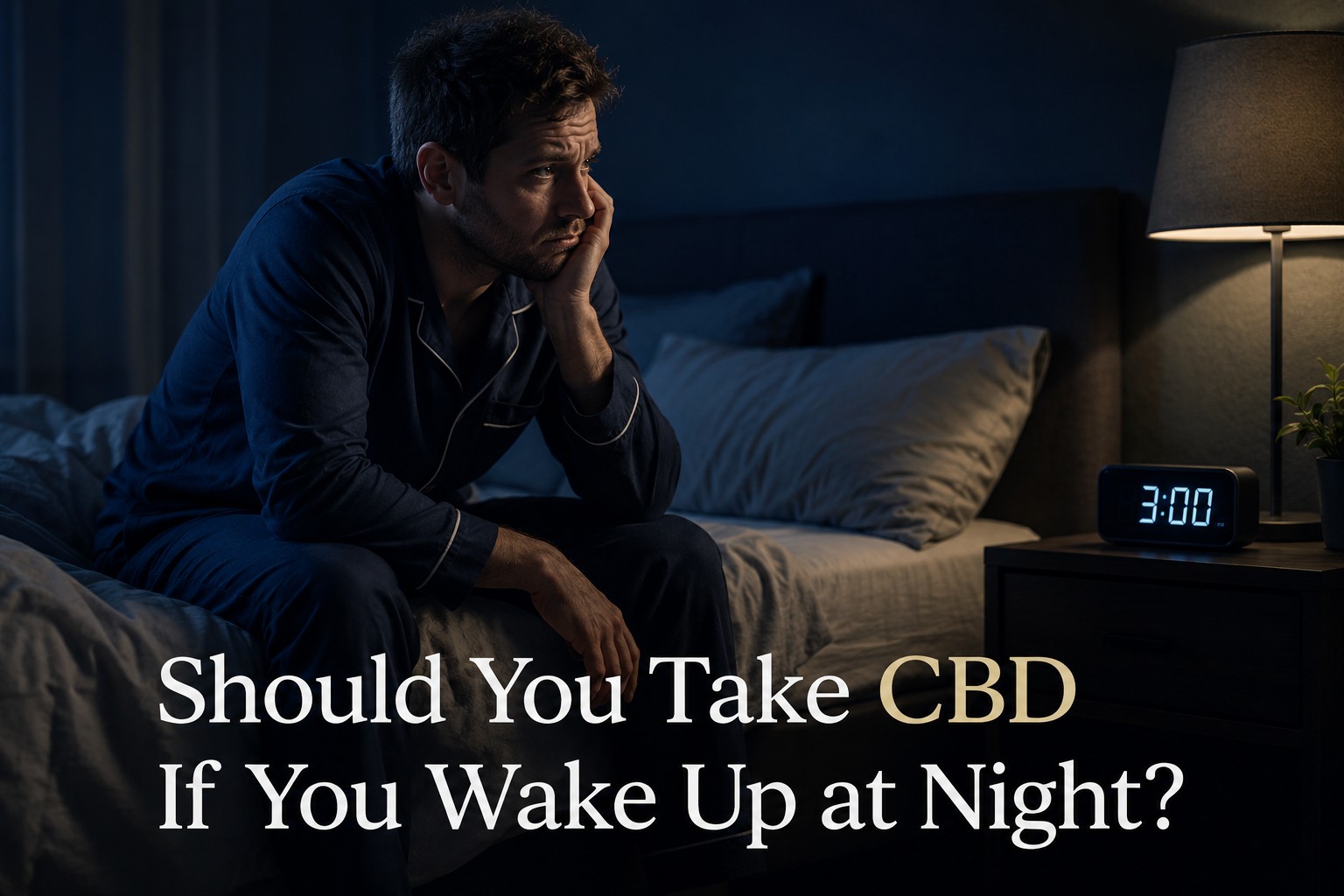 Person sitting on the edge of a bed at 3 AM wondering whether to take CBD after waking up during the night