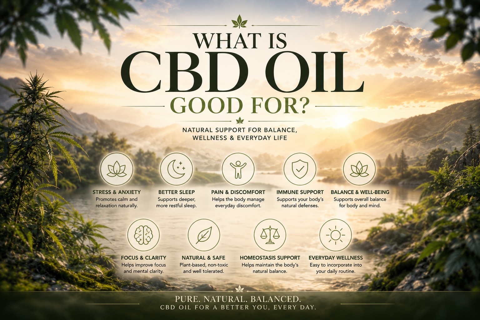 Premium infographic illustrating the potential wellness benefits of CBD oil, including balance, better sleep, stress support, focus, and everyday wellbeing in a natural mountain landscape.