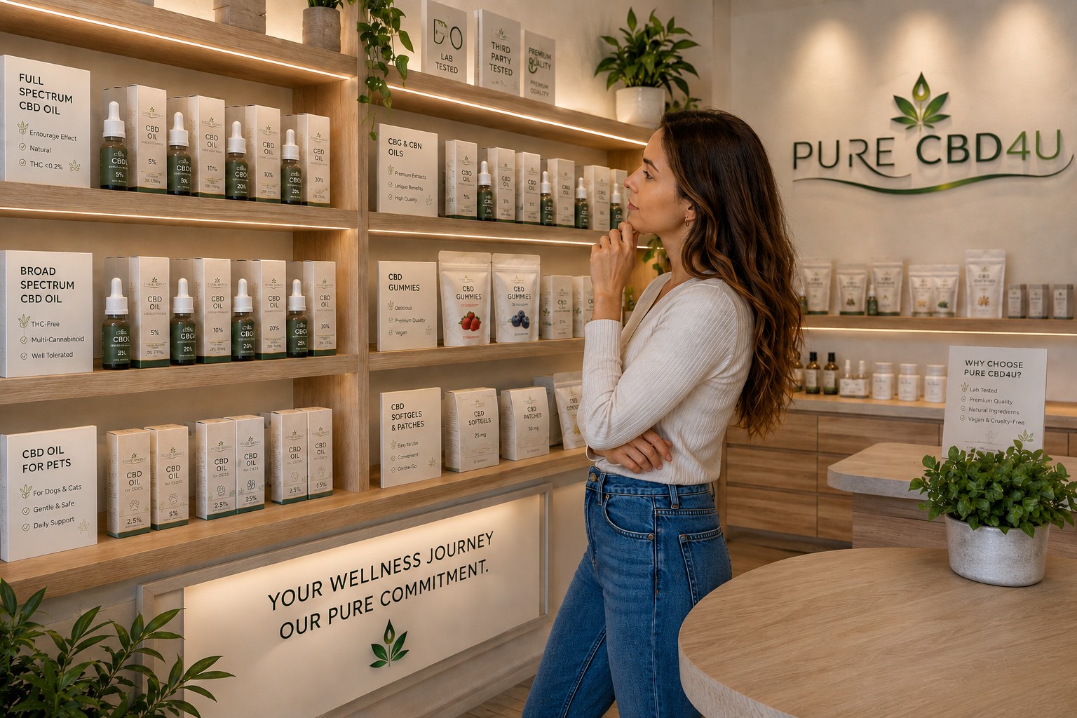 Woman browsing shelves filled with CBD oils, gummies, softgels, patches, and pet CBD products in a modern CBD shop while choosing the best CBD type for beginners.