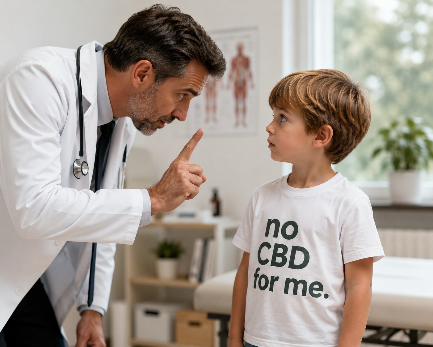 Doctor in a medical office gently warning a young child wearing a T-shirt reading "No CBD for me," illustrating that CBD may not be appropriate for everyone.