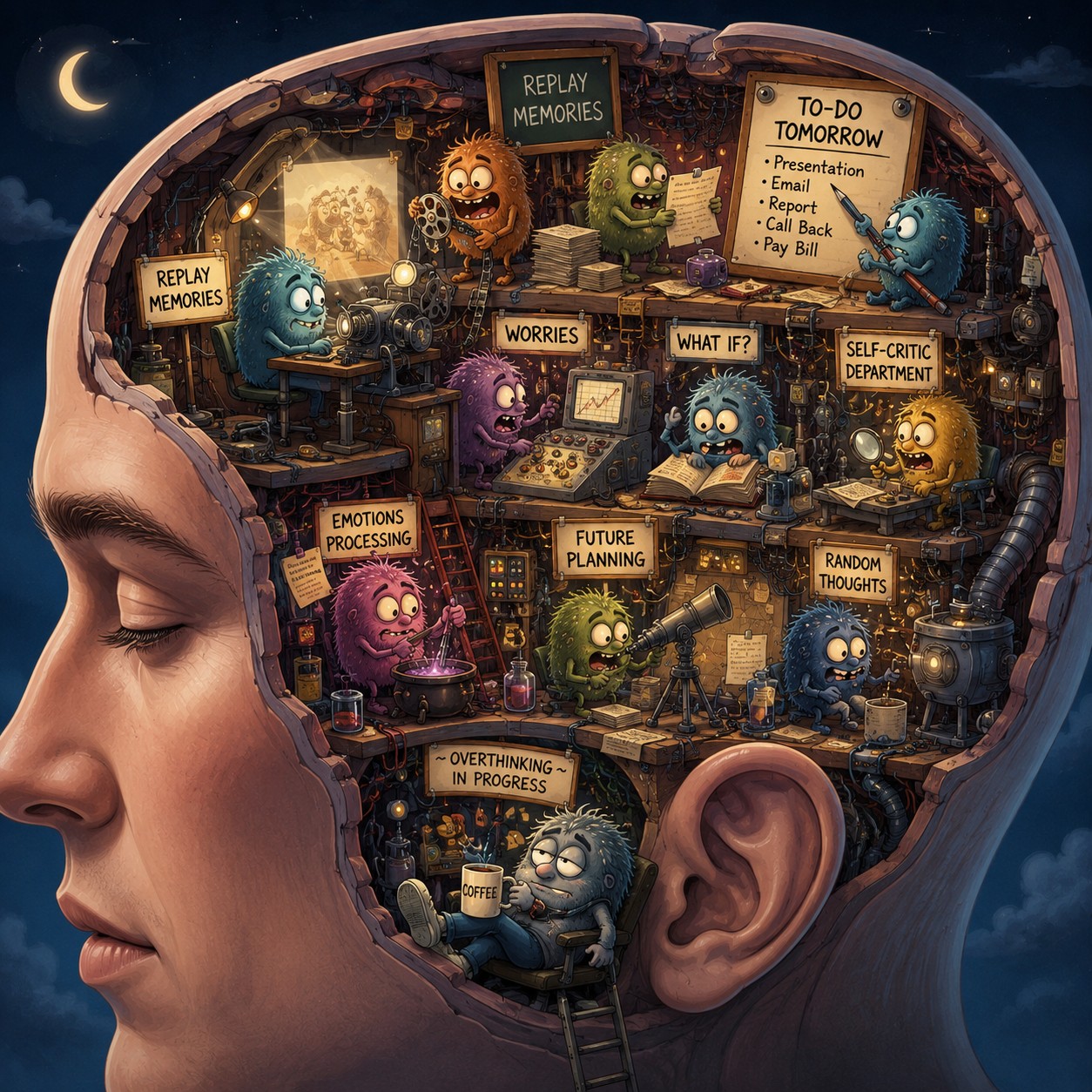 Illustration of a human head showing tiny workers inside the brain processing memories, emotions and thoughts during the night.