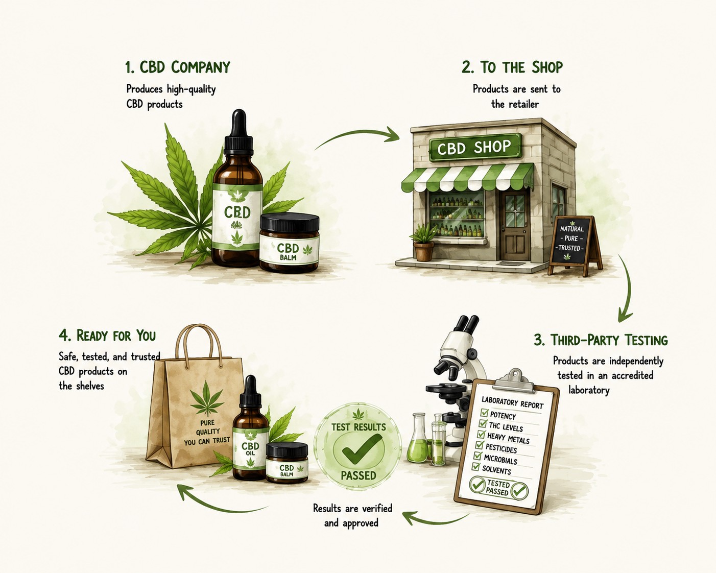Illustrated workflow showing the third-party CBD testing process, from production and independent laboratory analysis to verified results before products reach consumers.