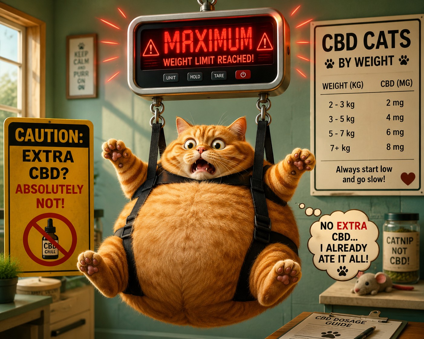 Overweight cat hanging from a veterinary scale for a CBD cats by weight guide