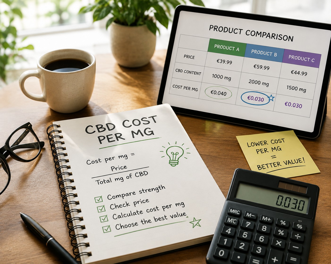 Calculator, notebook and product comparison table showing how to compare CBD cost per mg