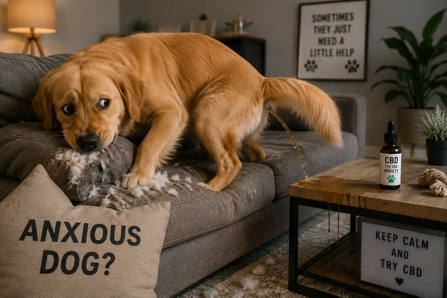 Anxious dog chewing a sofa and urinating near a coffee table