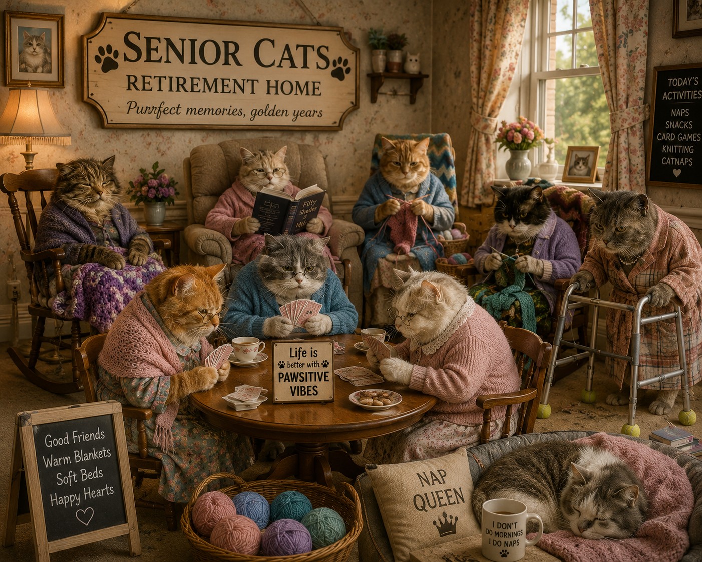 Senior cats relaxing, playing cards and knitting together in a retirement home