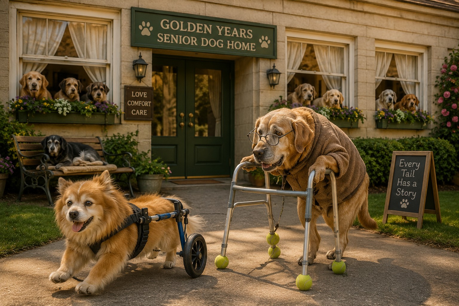 Senior dogs at a care home, including an old dog using a walker and a dog wheelchair