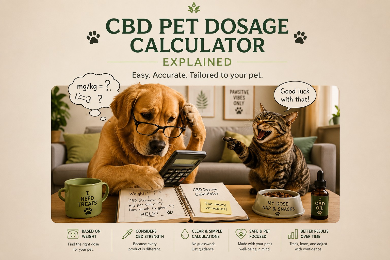 Dog using a calculator while a cat watches for a CBD pet dosage calculator guide