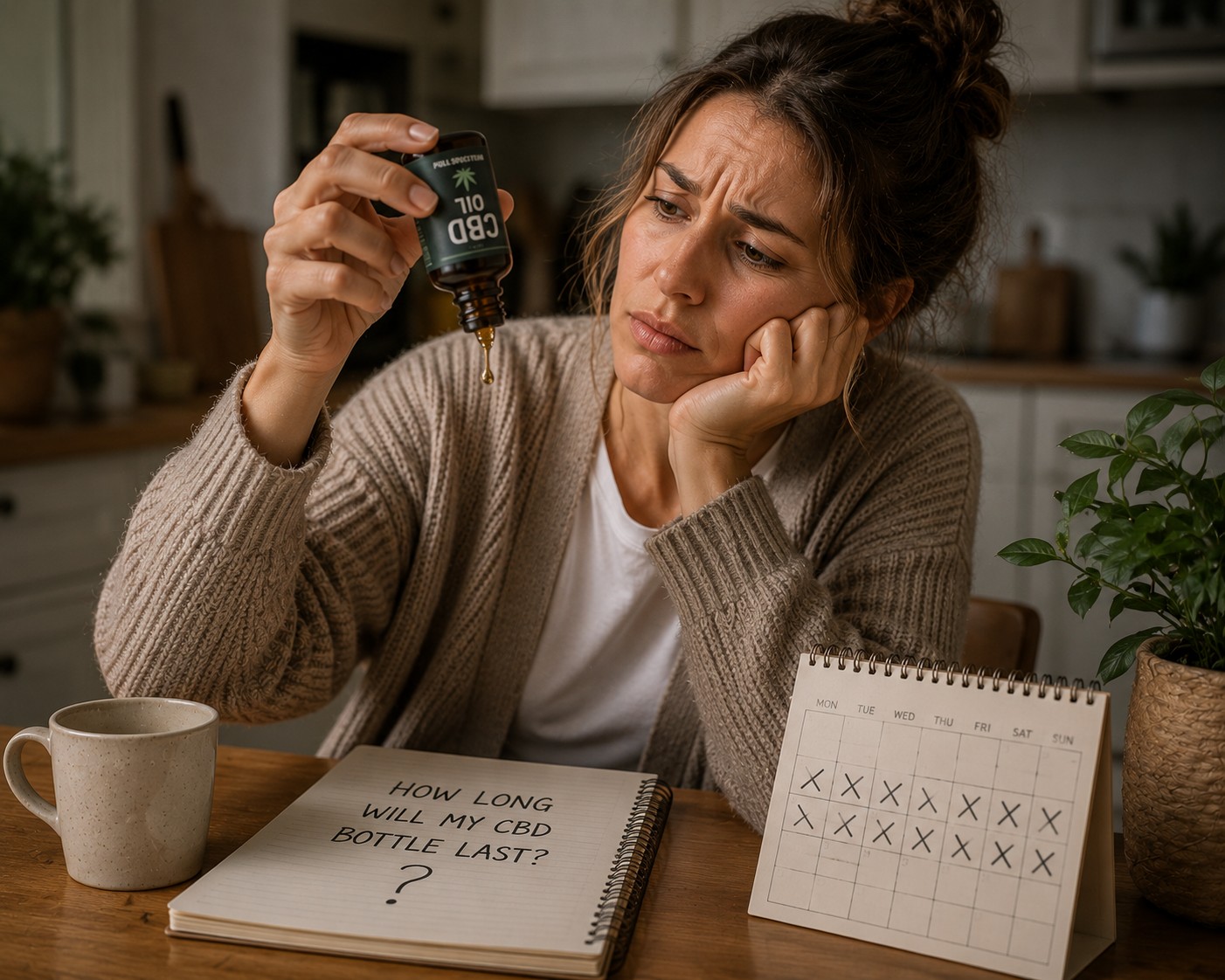 Woman looking at the last drop falling from an empty CBD oil bottle at a kitchen table