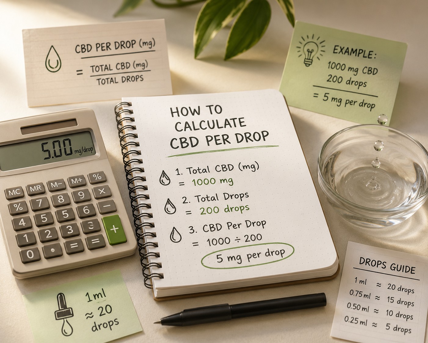 Calculator and notebook showing how to calculate CBD per drop
