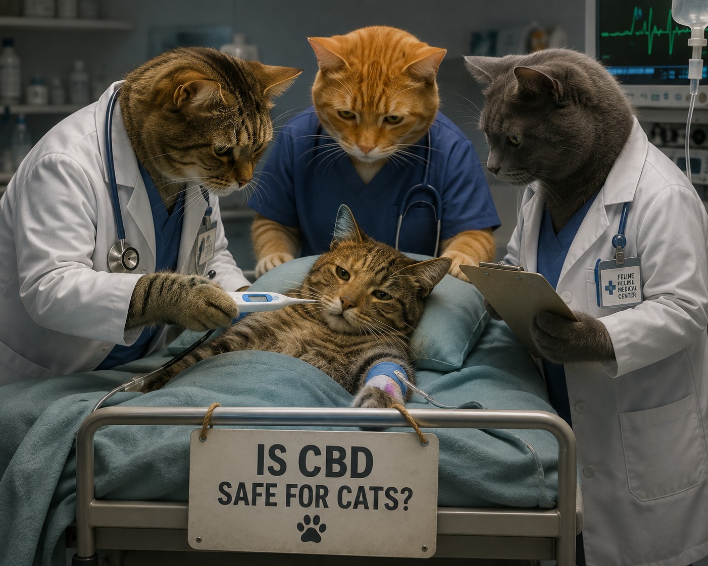 Sick cat being examined by veterinarians for an Is CBD Safe for Cats guide